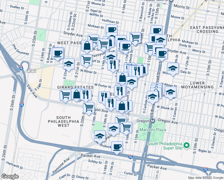 map of restaurants, bars, coffee shops, grocery stores, and more near 2507 South 18th Street in Philadelphia