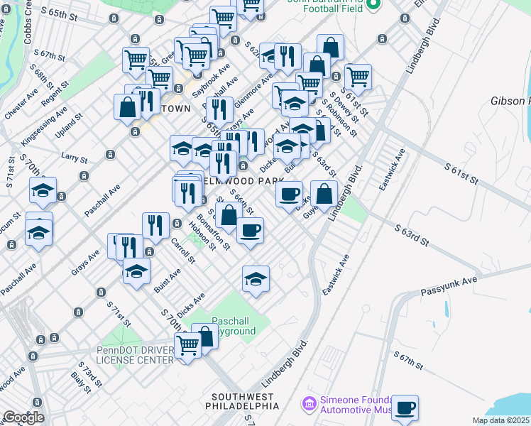 map of restaurants, bars, coffee shops, grocery stores, and more near 2628 South Daggett Street in Philadelphia