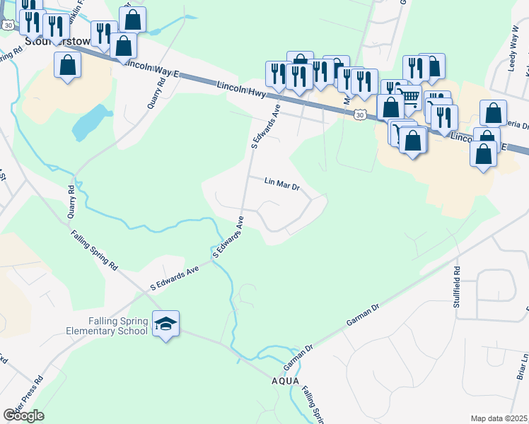 map of restaurants, bars, coffee shops, grocery stores, and more near Spring Street in Chambersburg
