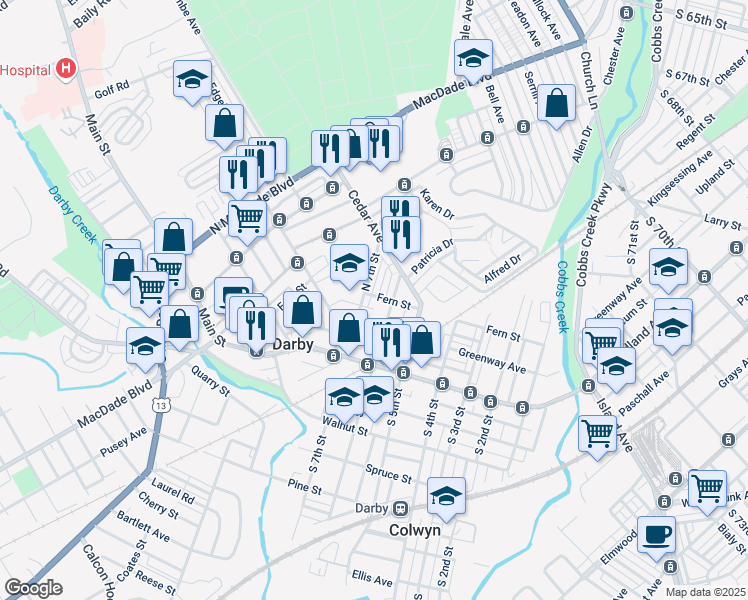 map of restaurants, bars, coffee shops, grocery stores, and more near 618 Fern Street in Darby