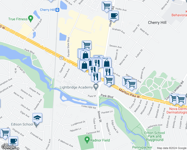 map of restaurants, bars, coffee shops, grocery stores, and more near 2015 New Jersey 70 in Cherry Hill