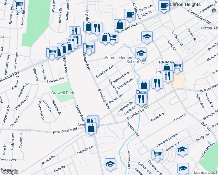 map of restaurants, bars, coffee shops, grocery stores, and more near 1106 Belmont Avenue in Delaware County