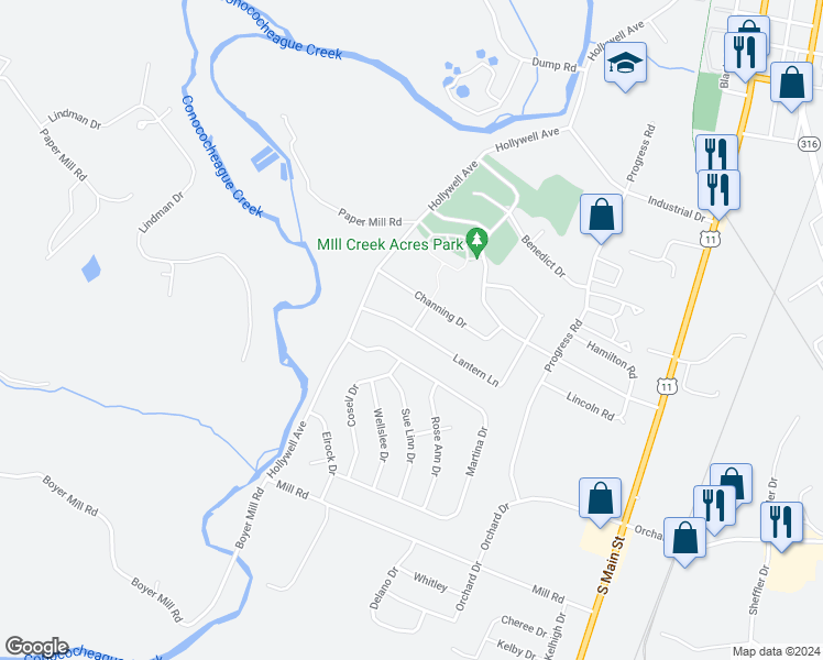 map of restaurants, bars, coffee shops, grocery stores, and more near 430 Lantern Lane in Chambersburg