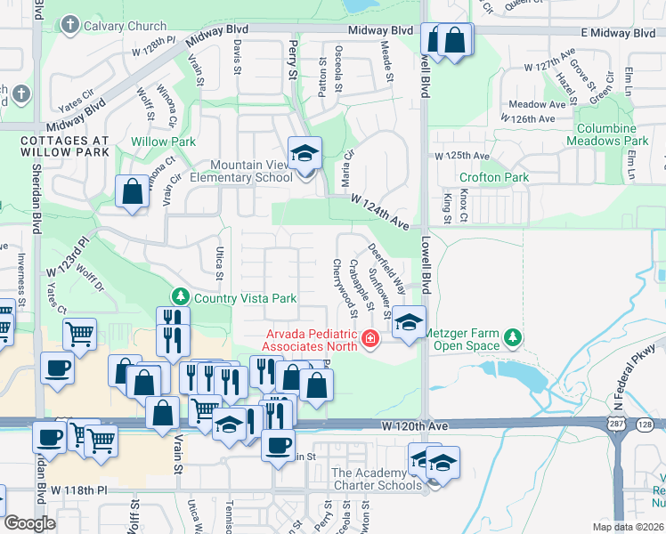 map of restaurants, bars, coffee shops, grocery stores, and more near 12231 Cherrywood Street in Broomfield