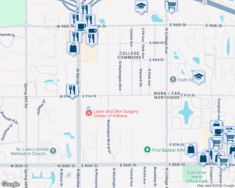 map of restaurants, bars, coffee shops, grocery stores, and more near 352 East 91st Street in Indianapolis