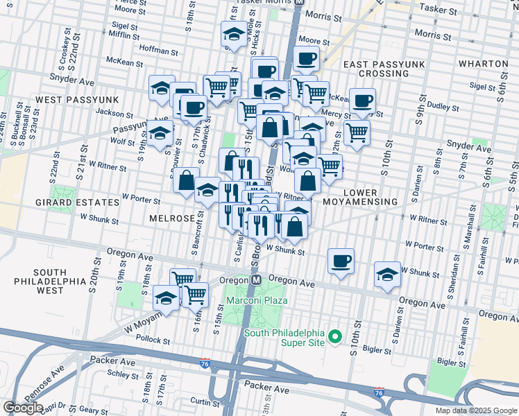 map of restaurants, bars, coffee shops, grocery stores, and more near 2407 South Broad Street in Philadelphia