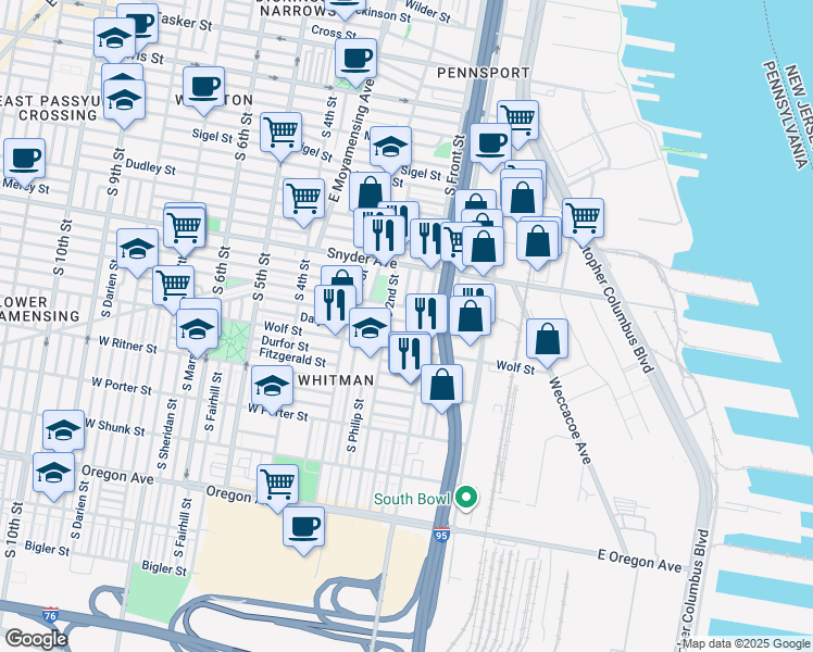 map of restaurants, bars, coffee shops, grocery stores, and more near 126 Tree Street in Philadelphia