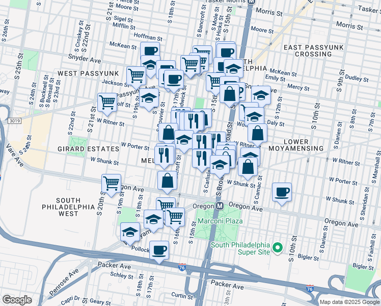 map of restaurants, bars, coffee shops, grocery stores, and more near 1533 West Porter Street in Philadelphia