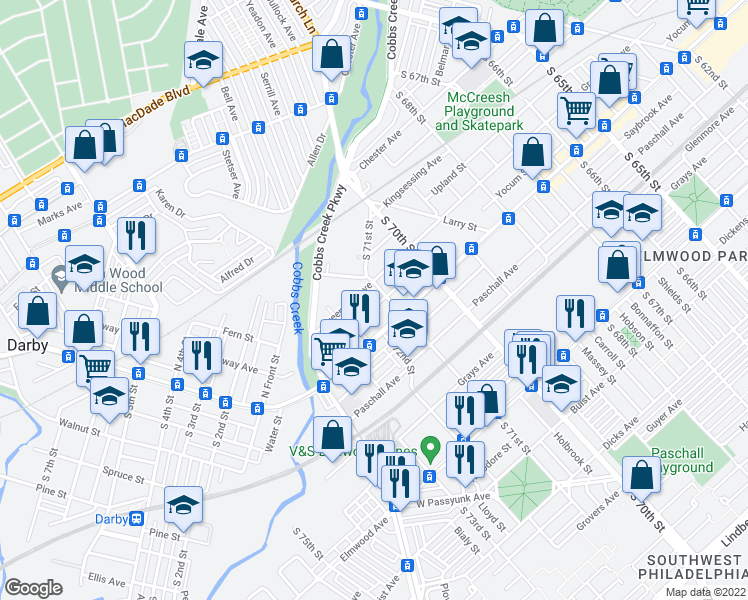map of restaurants, bars, coffee shops, grocery stores, and more near 7111 Yocum Street in Philadelphia