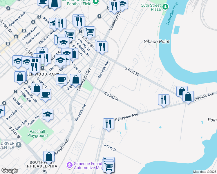 map of restaurants, bars, coffee shops, grocery stores, and more near 3033 South 63rd Street in Philadelphia
