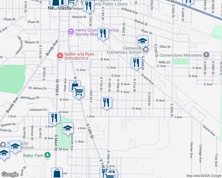 map of restaurants, bars, coffee shops, grocery stores, and more near 1303 South 18th Street in New Castle