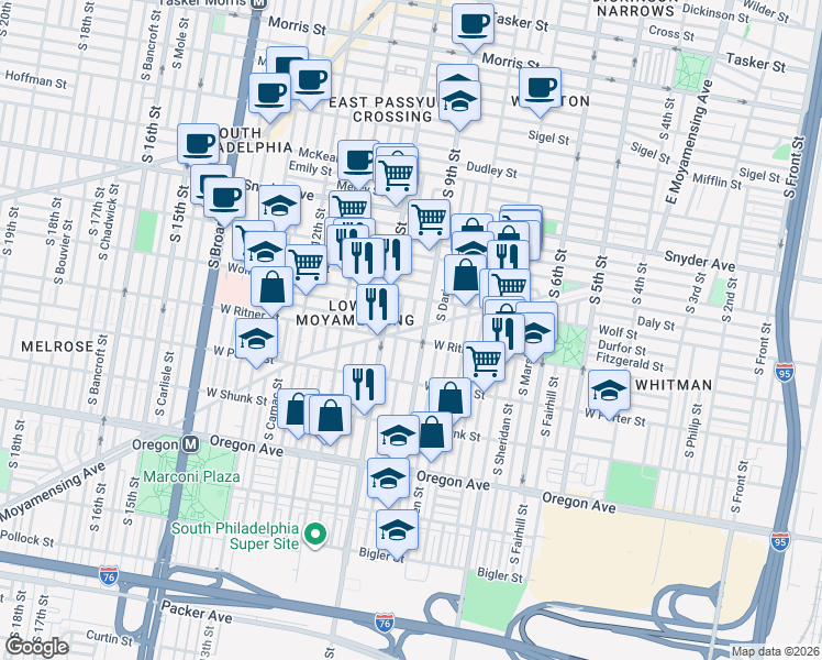 map of restaurants, bars, coffee shops, grocery stores, and more near South Percy Street in Philadelphia