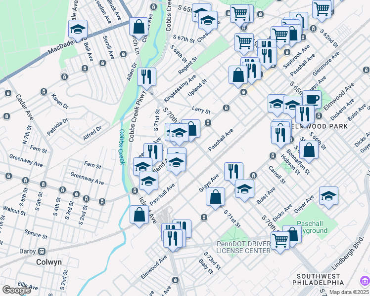 map of restaurants, bars, coffee shops, grocery stores, and more near 7028 Woodland Avenue in Philadelphia