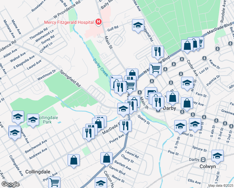 map of restaurants, bars, coffee shops, grocery stores, and more near 1017 Tyler Avenue in Darby