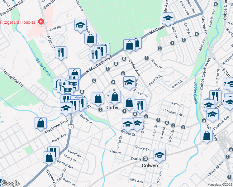 map of restaurants, bars, coffee shops, grocery stores, and more near 127 Whitely Terrace in Darby