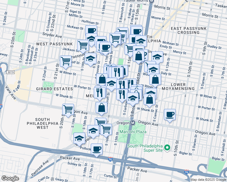 map of restaurants, bars, coffee shops, grocery stores, and more near 2443 South 16th Street in Philadelphia