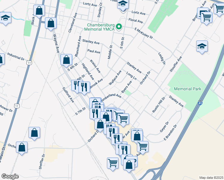 map of restaurants, bars, coffee shops, grocery stores, and more near 725 Cumberland Avenue in Chambersburg