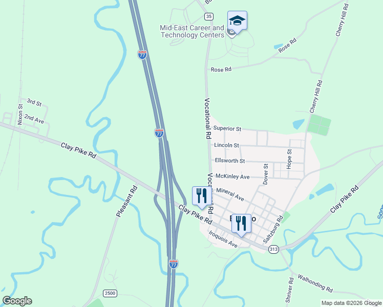 map of restaurants, bars, coffee shops, grocery stores, and more near 56555 Vocational Road in Senecaville