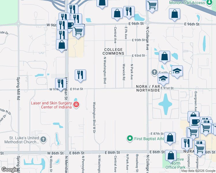 map of restaurants, bars, coffee shops, grocery stores, and more near 333 East 91st Street in Indianapolis