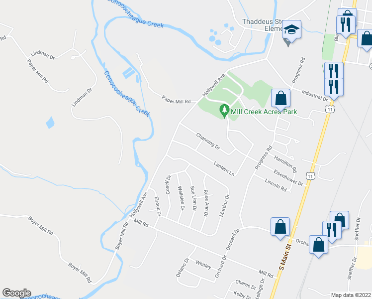 map of restaurants, bars, coffee shops, grocery stores, and more near 454 Lantern Lane in Chambersburg