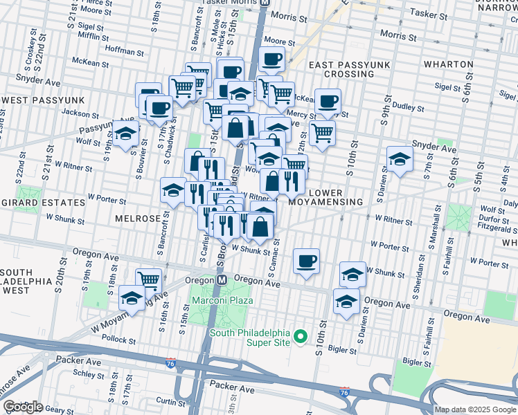 map of restaurants, bars, coffee shops, grocery stores, and more near 2445 South Juniper Street in Philadelphia