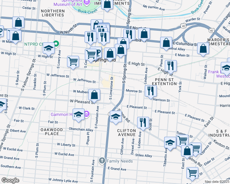 map of restaurants, bars, coffee shops, grocery stores, and more near 360 South Limestone Street in Springfield