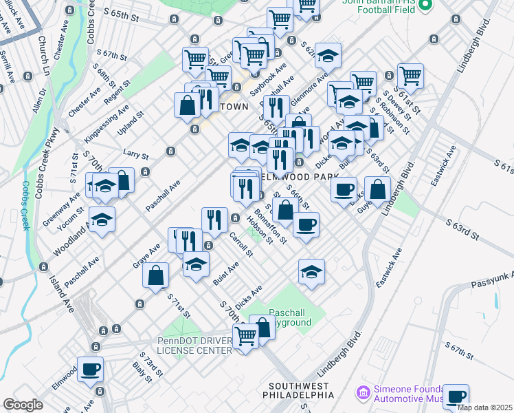 map of restaurants, bars, coffee shops, grocery stores, and more near in Philadelphia