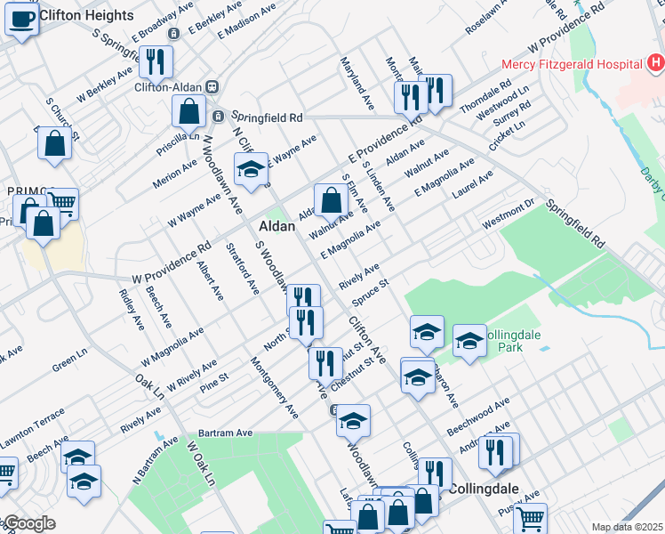 map of restaurants, bars, coffee shops, grocery stores, and more near 115 South Clifton Avenue in Aldan
