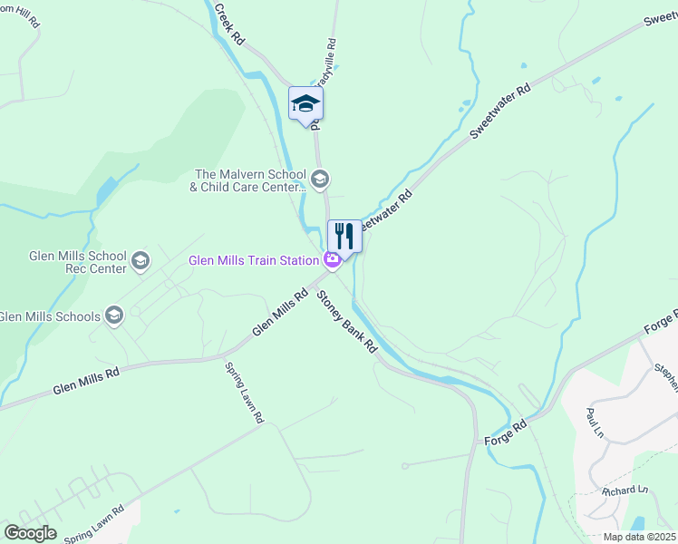map of restaurants, bars, coffee shops, grocery stores, and more near 128 Glen Mills Road in Glen Mills