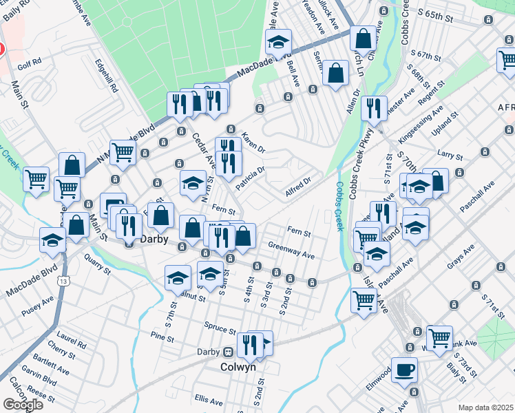 map of restaurants, bars, coffee shops, grocery stores, and more near 209 Glen Cove Road in Darby