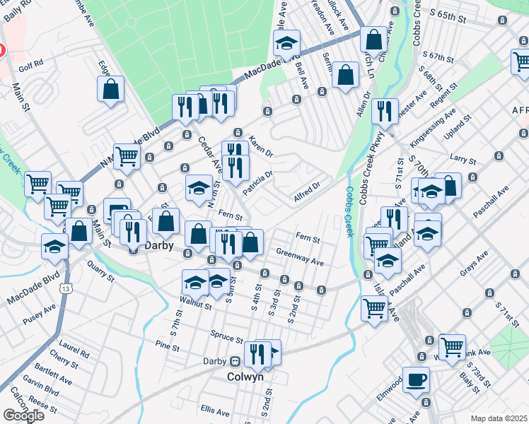 map of restaurants, bars, coffee shops, grocery stores, and more near 213 Glen Cove Road in Darby