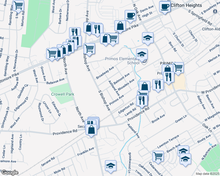 map of restaurants, bars, coffee shops, grocery stores, and more near 1106 Belmont Avenue in Delaware County