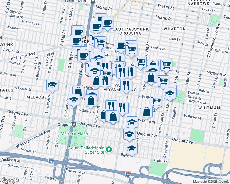 map of restaurants, bars, coffee shops, grocery stores, and more near 1100 West Ritner Street in Philadelphia