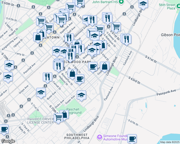 map of restaurants, bars, coffee shops, grocery stores, and more near 2650 South 65th Street in Philadelphia