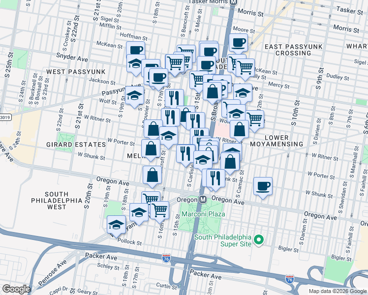 map of restaurants, bars, coffee shops, grocery stores, and more near in Philadelphia