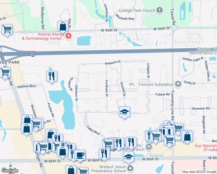 map of restaurants, bars, coffee shops, grocery stores, and more near 9121 Fordham Street in Indianapolis