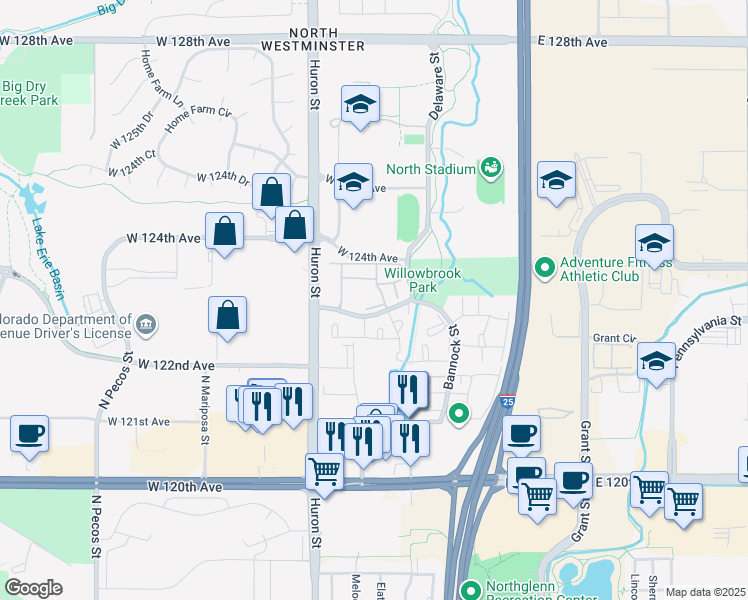map of restaurants, bars, coffee shops, grocery stores, and more near 600 West 123rd Avenue in Westminster