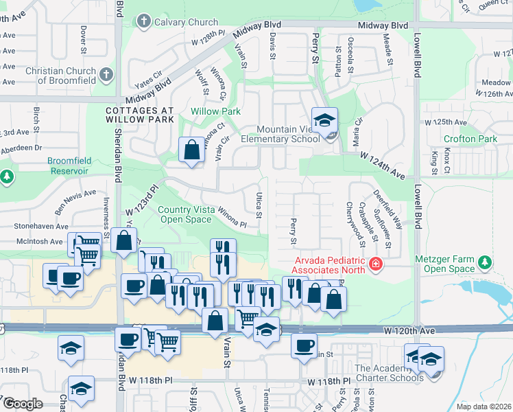map of restaurants, bars, coffee shops, grocery stores, and more near 12276 Utica Place in Broomfield