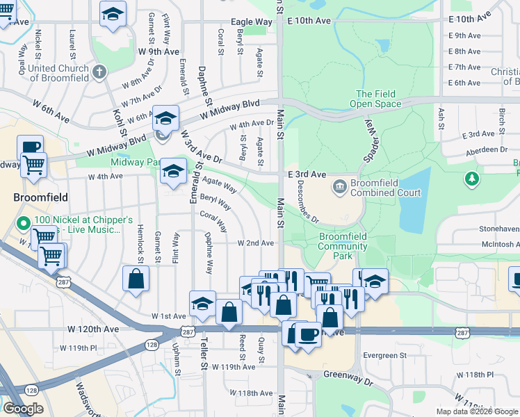 map of restaurants, bars, coffee shops, grocery stores, and more near 225 Agate Way in Broomfield
