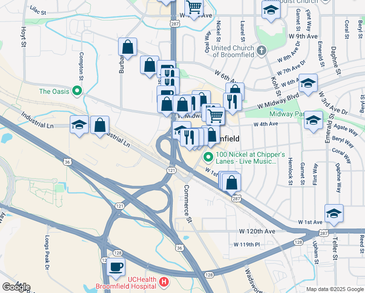 map of restaurants, bars, coffee shops, grocery stores, and more near in Broomfield