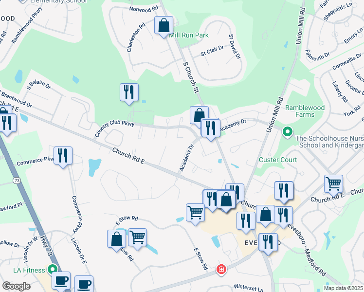 map of restaurants, bars, coffee shops, grocery stores, and more near 102B Mulberry Cove in Mount Laurel Township