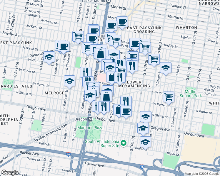 map of restaurants, bars, coffee shops, grocery stores, and more near in Philadelphia