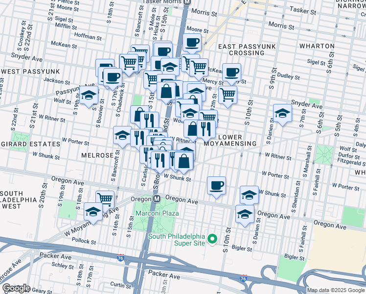 map of restaurants, bars, coffee shops, grocery stores, and more near 2445 South Juniper Street in Philadelphia