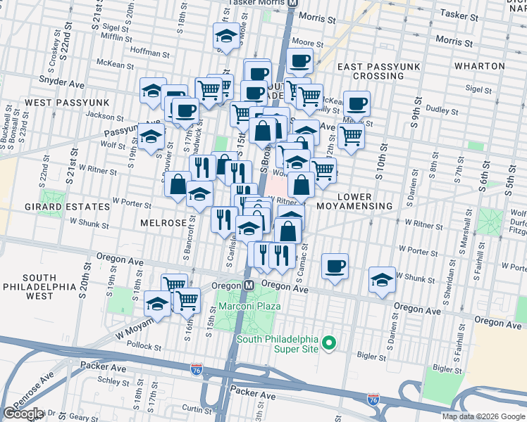 map of restaurants, bars, coffee shops, grocery stores, and more near 2407 South Broad Street in Philadelphia