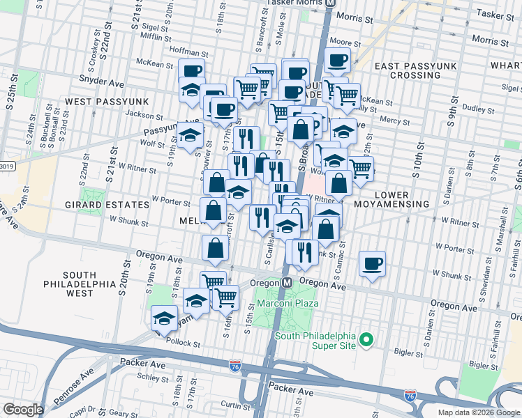 map of restaurants, bars, coffee shops, grocery stores, and more near in Philadelphia