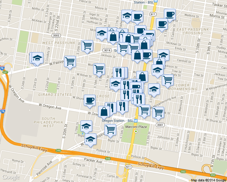 map of restaurants, bars, coffee shops, grocery stores, and more near in Philadelphia