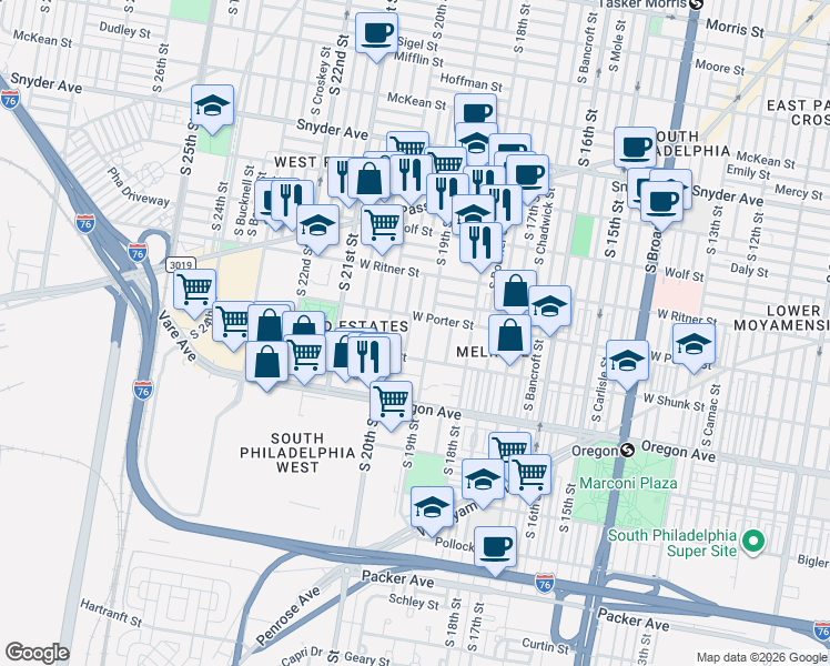 map of restaurants, bars, coffee shops, grocery stores, and more near 1935 West Shunk Street in Philadelphia