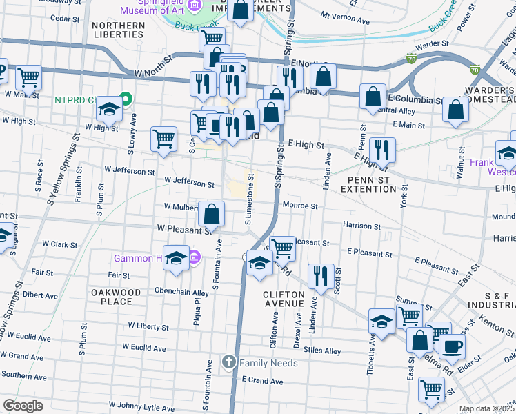 map of restaurants, bars, coffee shops, grocery stores, and more near 121 East Mulberry Street in Springfield