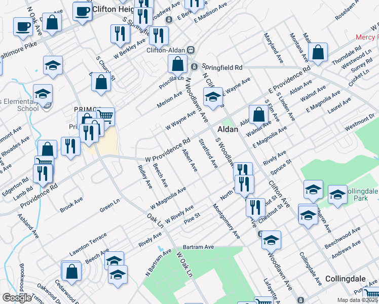 map of restaurants, bars, coffee shops, grocery stores, and more near 21 Albert Avenue in Aldan