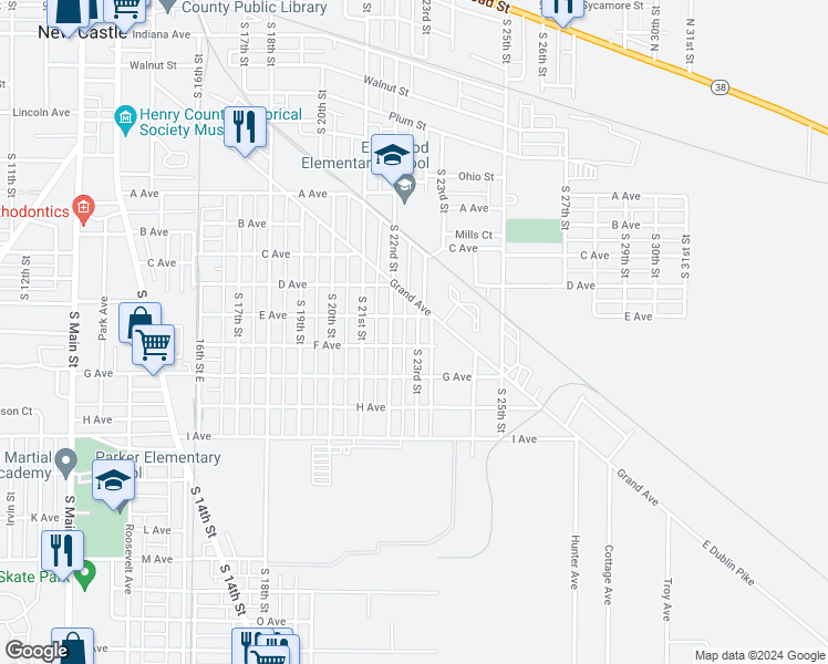 map of restaurants, bars, coffee shops, grocery stores, and more near 1215 South 23rd Street in New Castle
